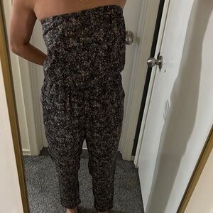 BCBGeneration Strapless Floral-Print Jumpsuit in Black and Pink Accent